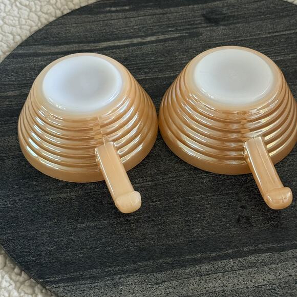 MCM Vintage Fire King Soup Bowls Peach Luster Ovenware Beehive With Handles USA - Picture 3 of 7